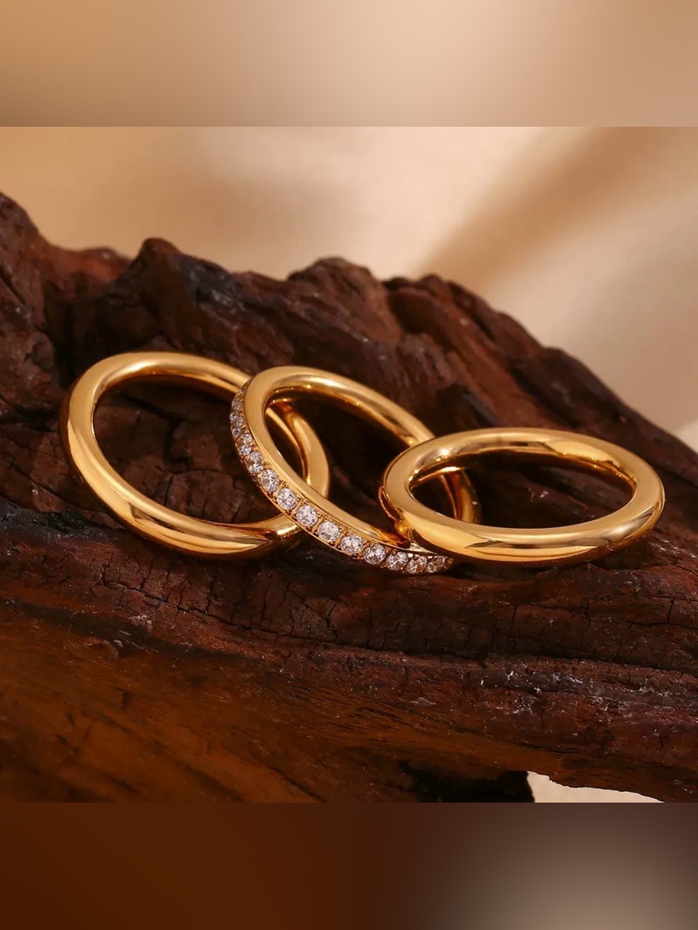 Gold Trio Stacking Cubic Zirconia Accent Ring Set - Women's Jewelry